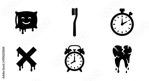 Minimalist morning routine icon set, black silhouette sleep and hygiene symbols, 6 vector elements for daily schedule and dental care apps