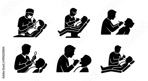 Dental care icons set, dentist treating patient silhouettes, stomatology clinic vector elements, oral health and tooth examination graphics
