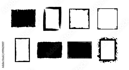 Grunge black ink frames and borders set, 8 hand drawn distressed rectangular brush strokes, textured charcoal paint box elements for graphic design
