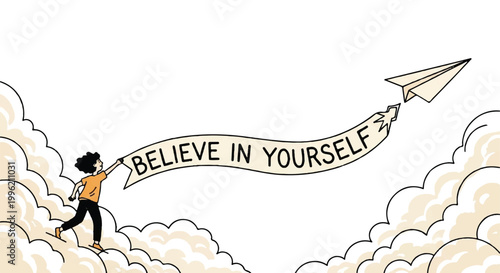 Person reaching for paper airplane with positive message on banner