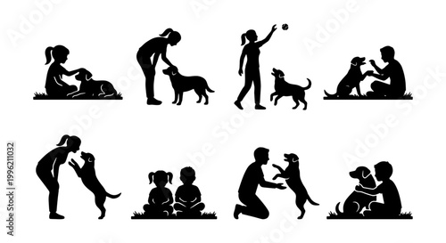 Black silhouettes of people and dogs, set of 8 icons showing human and pet interaction, family playing with puppy vector illustrations