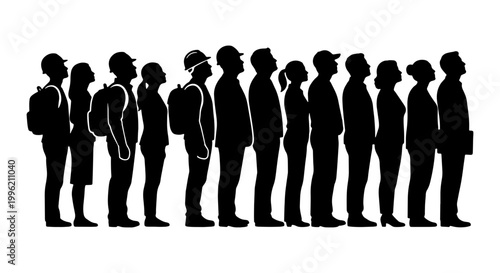 Crowd silhouette of diverse people standing in line, group of men and women waiting in queue, black profile figures of workers and citizens