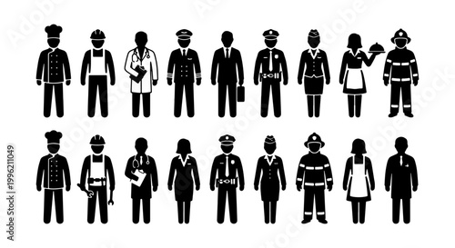 Professional worker avatar icons set, diverse career occupations and job uniforms, black silhouette people figures for business and industry infographics