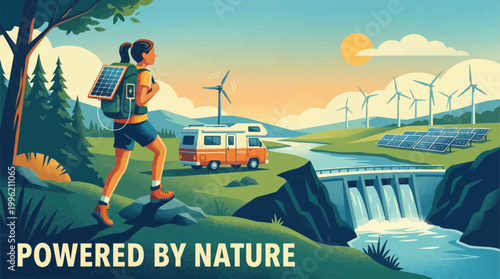 Eco-Adventurer in Scenic Landscape: An eco-conscious individual embarks on a journey powered by nature. A harmonious blend of sustainability, adventure, and the beauty of the outdoors.