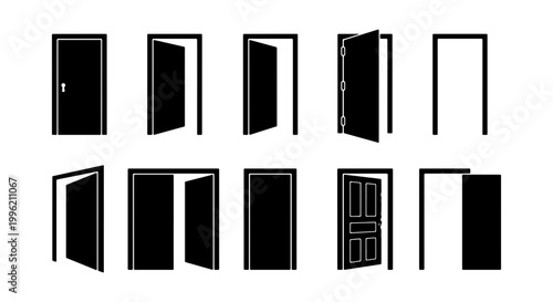 Minimalist door icon set with 10 vector silhouettes, open and closed doorway symbols, black architectural entrance signs for wayfinding and floor plans