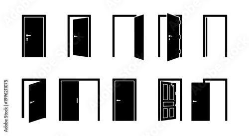 Minimalist door icons set, black silhouette doorway collection with open and closed entrance symbols, 10 vector elements for architectural floor plans