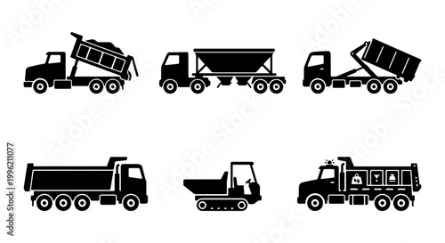 Construction dump truck icons set, heavy machinery silhouettes for industrial logistics, 6 black vector vehicle symbols for mining and building sites
