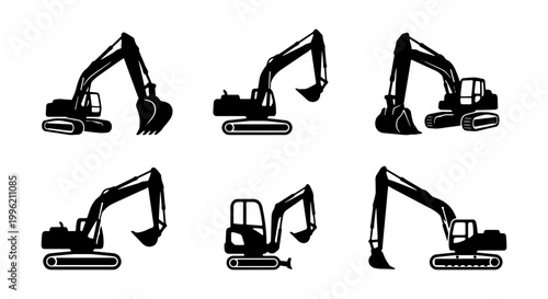 Excavator silhouette vector set, heavy construction machinery icons, industrial digger equipment collection, black earthmover vehicle graphics