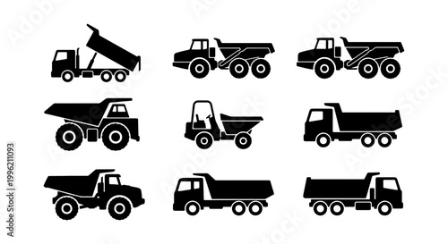 Construction dump truck silhouette icons set, heavy machinery and industrial tipper vehicle vector collection, 9 black mining and earthmoving truck symbols