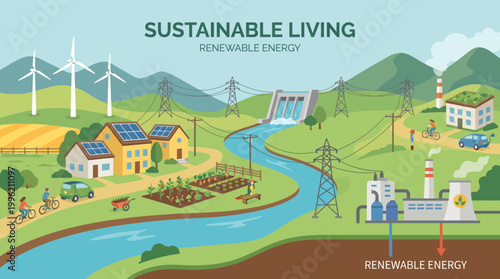 Sustainable Living with Renewable Energy: A vibrant illustration showcasing sustainable living and the integration of renewable energy sources.