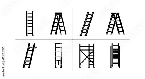Industrial ladder icons set, black construction stepladder silhouettes, 8 vector climbing equipment symbols for home repair and maintenance