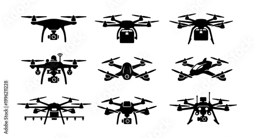 Modern drone silhouettes set, 9 unmanned aerial vehicle icons for delivery and photography, black quadcopter and hexacopter vector collection