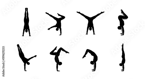 Gymnastics handstand silhouette set, 8 athlete vector icons performing acrobatic stunts, professional gymnast balance and yoga poses for sports design