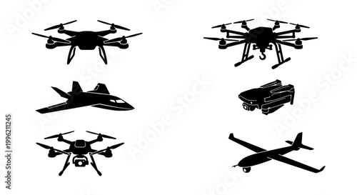 Military drone silhouettes and unmanned aerial vehicle set, 6 black vector icons of quadcopters and surveillance aircraft, modern uav technology collection