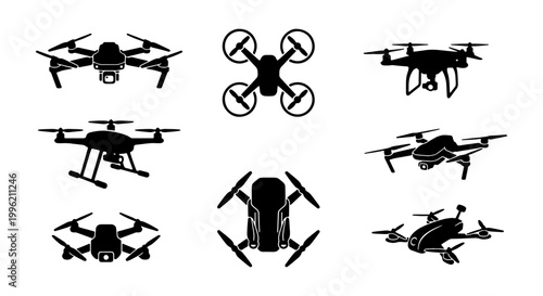 Modern drone silhouette collection, set of 8 aerial quadcopter vector icons, unmanned aerial vehicle symbols for technology and delivery concepts