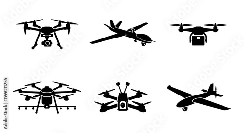 Unmanned aerial vehicle drone silhouette set, 6 black vector icons of multicopters and fixed-wing aircraft, remote controlled uav technology collection