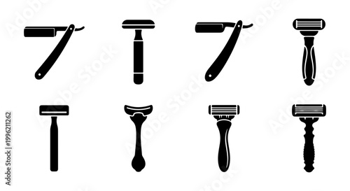 Barber shop razor icons set, vintage straight razors and modern safety razor vector silhouettes, 8 grooming tool elements for men's hygiene