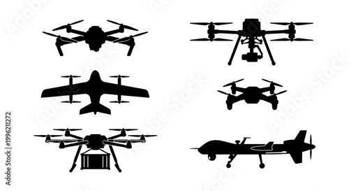 Unmanned aerial vehicle drone silhouettes set, 6 professional UAV vector icons, delivery and surveillance quadcopter aircraft collection