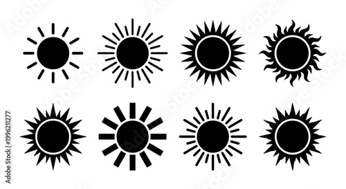 Minimalist sun icon set with 8 black vector silhouettes, geometric solar symbols for weather forecast, summer sunshine graphic elements for logo design