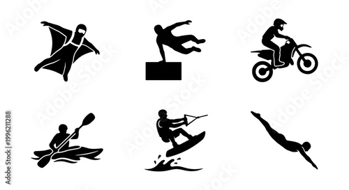 Extreme sports silhouette icons set, 6 black vector symbols of adrenaline activities, parkour and motocross athletes, wingsuit and water sports graphics