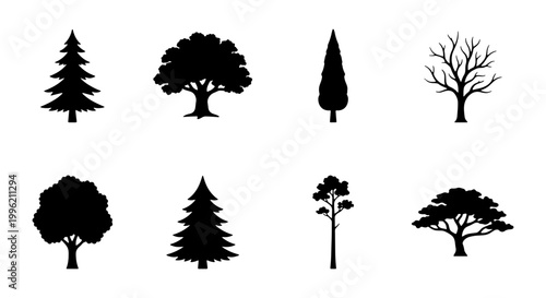 Minimalist tree silhouettes set, 8 black forest tree icons, flat vector nature symbols for landscape design and environmental branding