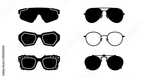 Modern sunglasses icons set, black eyewear silhouettes and frames, stylish fashion glasses collection, minimalist vector eyewear accessories