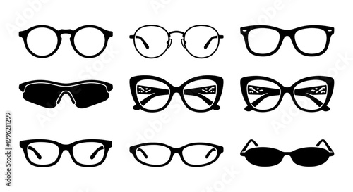 Retro eyewear collection, 9 black glasses and sunglasses vector icons, vintage optical frames set, fashion accessories for vision correction and sun protection