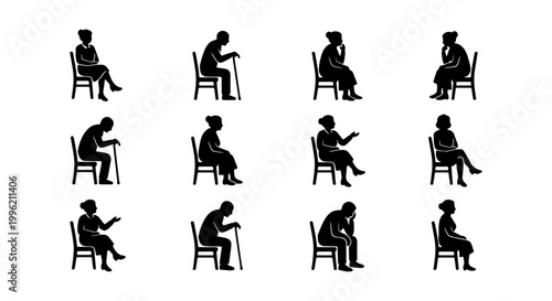 Elderly people silhouettes sitting on chairs, 12 senior citizen icons set, black and white vector graphics of retired men and women