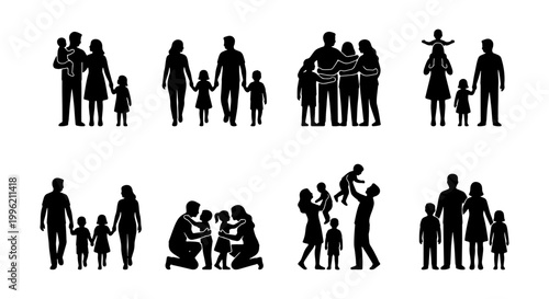 Family silhouette icons set, black human figures of parents and children, 8 vector groups of happy people together, minimalist family life symbols