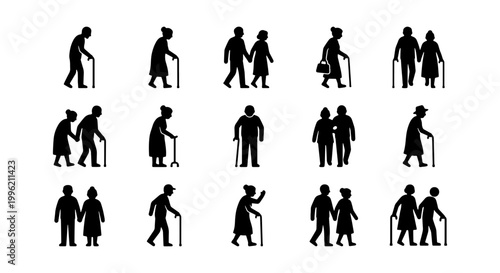Elderly people silhouettes set, senior citizens walking with canes and sticks, retired couple icons collection, black vector figures on white background