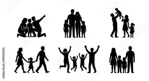 Family silhouette vector set, happy parents and children silhouettes in various poses, black human figures collection for community and lifestyle design