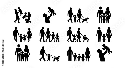 Family silhouette icons set, black human figures of parents and children, 12 vector elements of people walking with pets and strollers