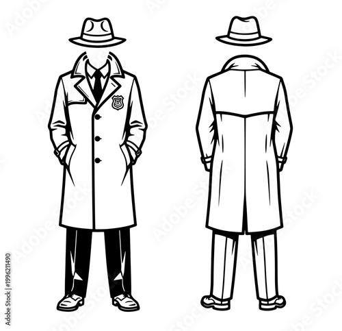 Detective or spy uniform with trench coat and fedora hat, front and back view line art
