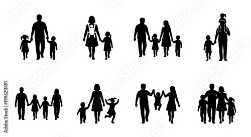 Family silhouette collection, black human figures of parents and children, set of 8 vector icons, diverse family groups and people silhouettes