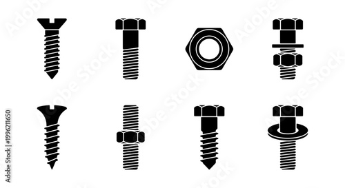 Industrial bolt and screw icon set, black metal fastener silhouettes, 8 hardware elements for construction and engineering projects, vector nut and washer graphics