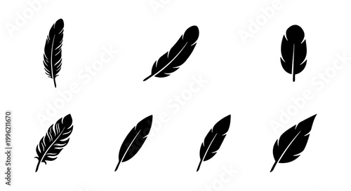 Black feather silhouette icons set, 7 bird feather vector elements, minimalist quill and plumage graphics for logo design and branding