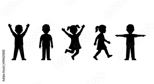 Black silhouette children collection, set of 5 diverse kids figures in active poses, jumping and standing child icons for school and education design
