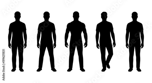 Male silhouette vector set, collection of 5 standing man silhouettes, black human figures in casual poses, adult male body shapes for design