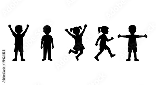 Children silhouettes collection, happy kids jumping and playing vector set, black small child figures in active poses, childhood joy icons