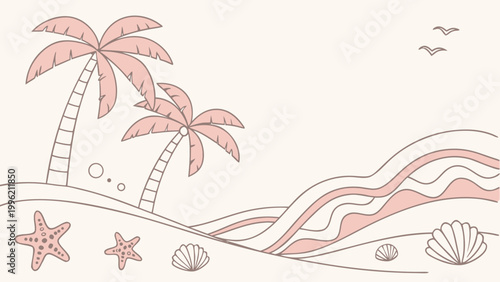 Serene pastel beach scene with palm trees, starfish, and gentle waves