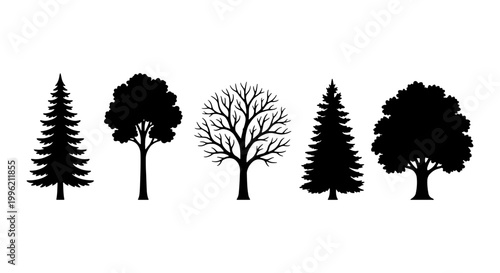 Black tree silhouettes collection, set of 5 forest tree vector icons, minimalist pine and deciduous tree shapes, natural landscape design elements
