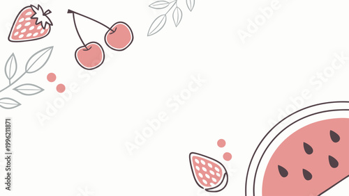 Fresh and vibrant illustration of summer fruits and leaves on a clean white background