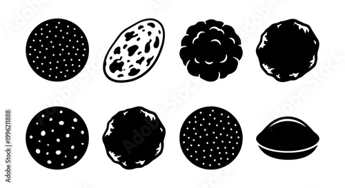 Minimalist black and white cookie icons, set of 8 flat vector biscuit illustrations, simple round snack symbols for bakery branding and food menus