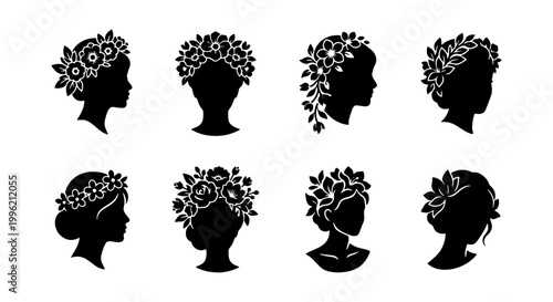 Elegant female head silhouette set with floral crowns, 8 black woman profile icons with flower wreaths, botanical hair accessory vector collection
