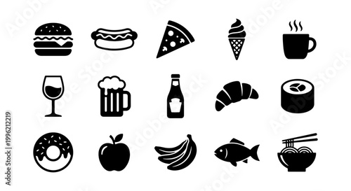 Minimalist food and drink icons set, 15 black vector silhouettes of fast food and restaurant meals, flat snack and beverage symbols for menu design