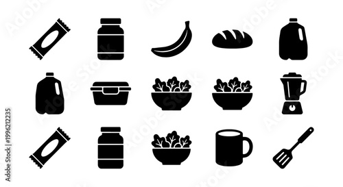 Minimalist grocery and kitchen icons set, black food silhouettes including salad bowl and blender, 15 healthy cooking vector elements for meal prep