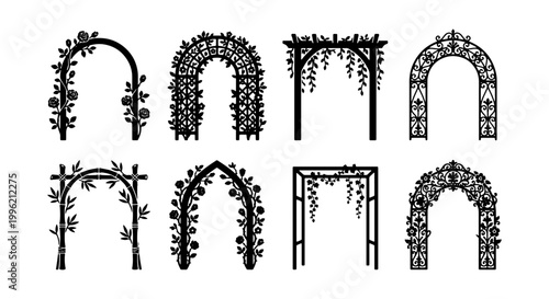 Garden arch silhouette collection, 8 decorative floral wedding arbor vector icons, ornamental trellis and pergola gate designs for landscaping