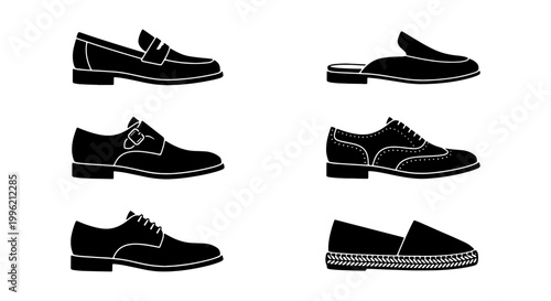 Classic men's footwear silhouette set, 6 black leather shoe icons, formal dress shoes and casual loafers vector collection for fashion retail