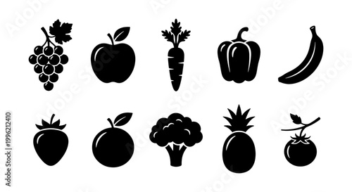 Minimalist fruit and vegetable icons set, black silhouette organic food symbols, collection of 10 healthy produce vector illustrations for grocery apps