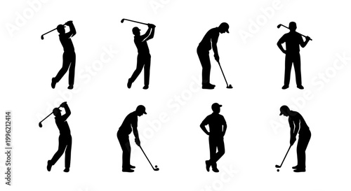 Golf player silhouettes set, professional golfers swinging and putting vector icons, athletic men playing golf tournament collection